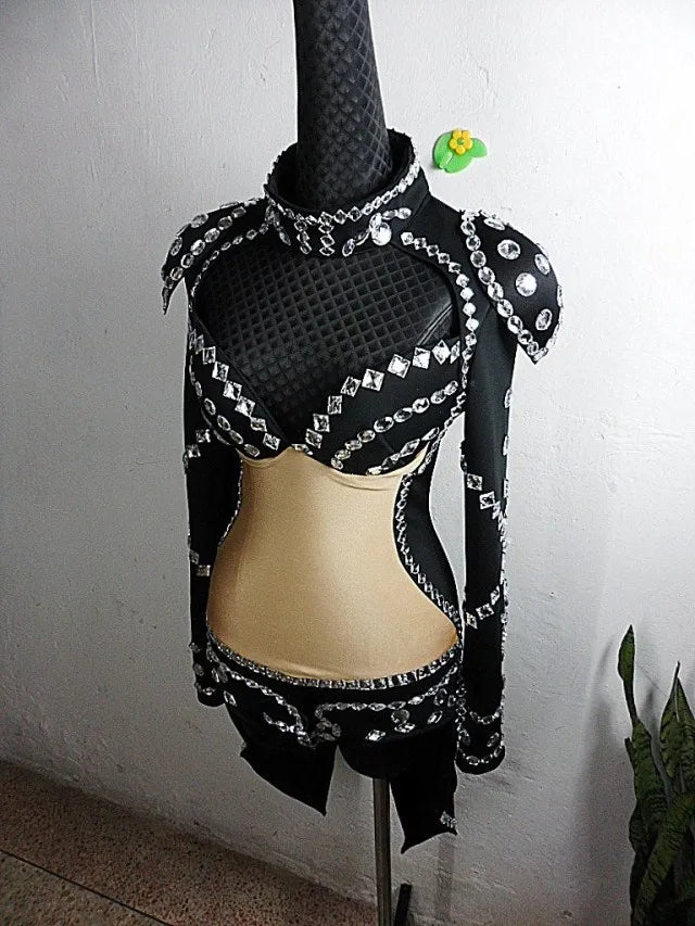 Rhinestone Swallowtail Showgirl Bodysuit – Tuxedo Tails Stage Performance Costume
