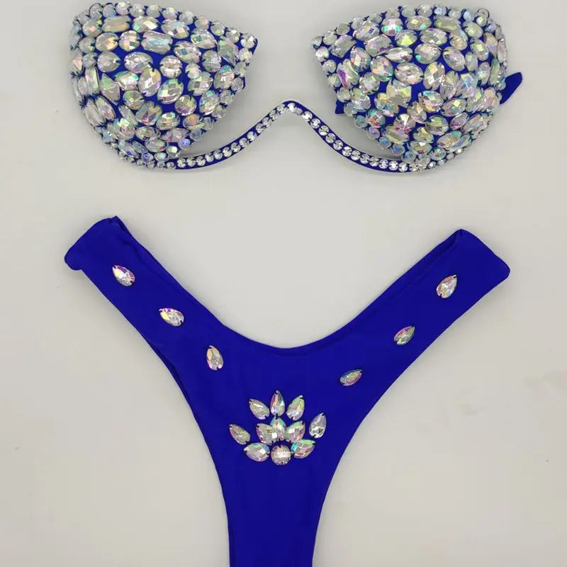 Luxury Rhinestone Performance Bikini Set – Shimmering Crystal Push-Up Stage Costume & Bling Two-Piece for GoGo Dancers, Festivals & Raves