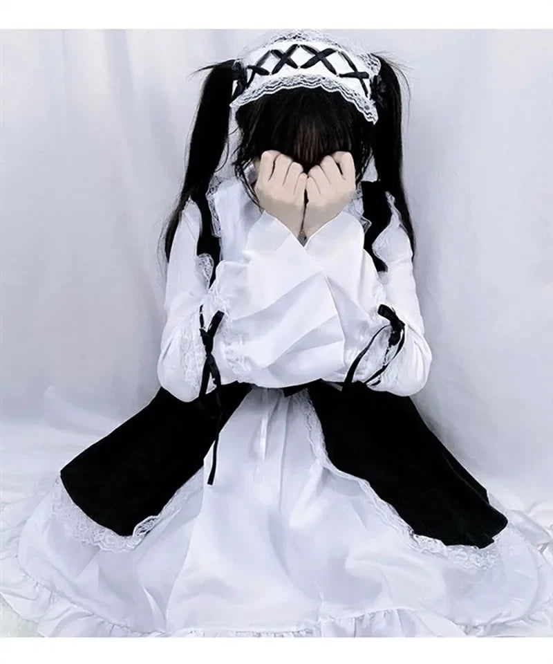 Women Maid Lolita Cosplay Costume – Black & White Apron Dress