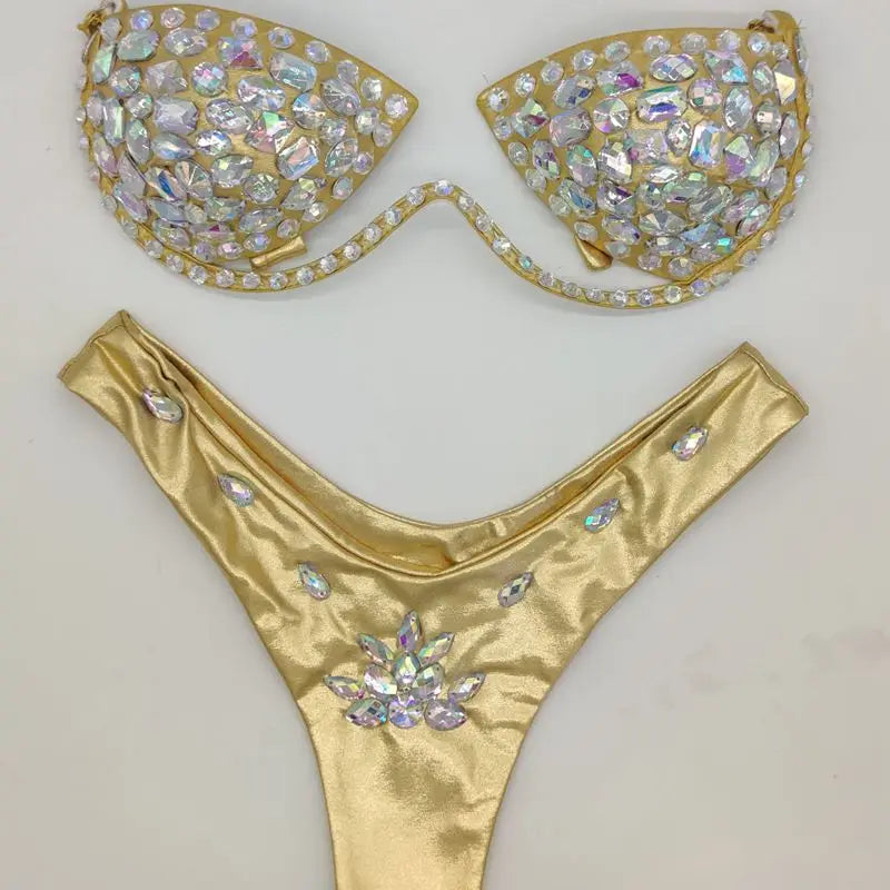 Luxury Rhinestone Performance Bikini Set – Shimmering Crystal Push-Up Stage Costume & Bling Two-Piece for GoGo Dancers, Festivals & Raves