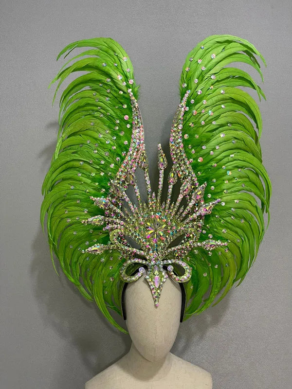 The Stardust Vertigo – Emerald Green Feathered Carnival & Samba Headdress