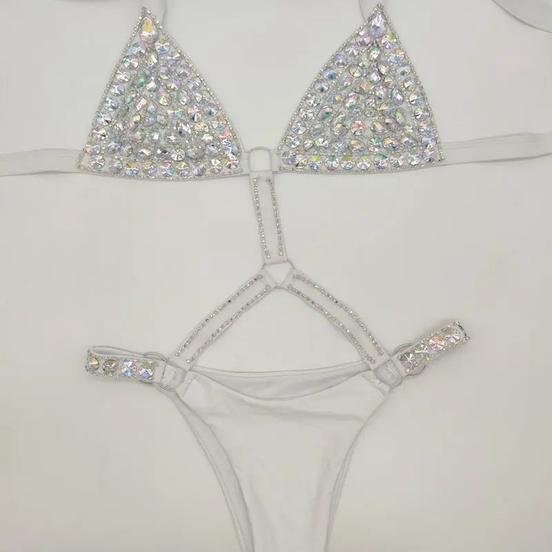 The Siren Strappy Rhinestone Bikini – Crystal Diamond Cutout Showgirl Set