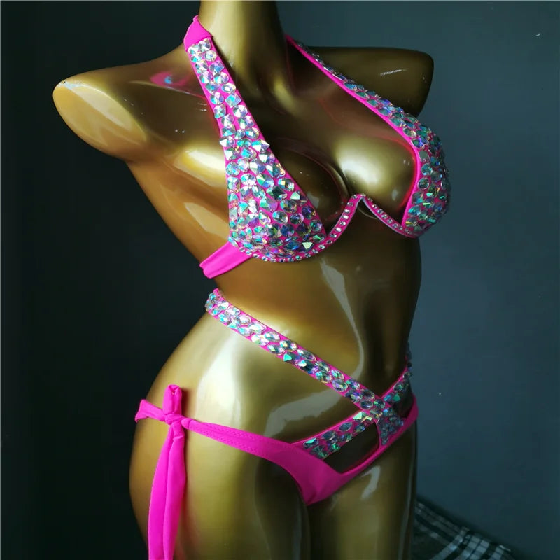 The Venus Vacation High-Waist Bikini – Classic Diamond Rhinestone Showgirl Set