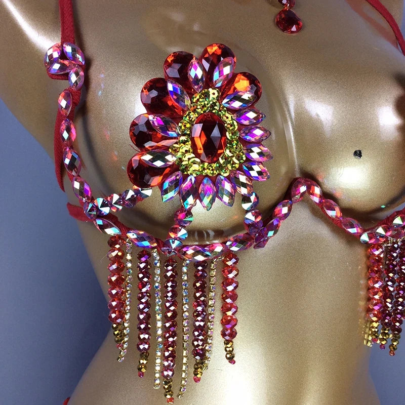 Sparkly Samba Carnival Stone Wire Bra & Necklace Two-Piece Dance Costume Set
