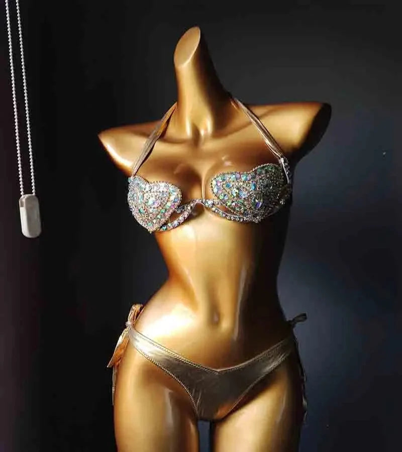 The Venus Vacation Deep-V Bikini – Luxe Rhinestone Embellished Showgirl Swim Set