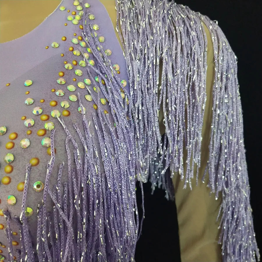 Sparkly Crystal Purple Tassel Showgirl Bodysuit Set – Glamour Stage Fringe Performance Costume