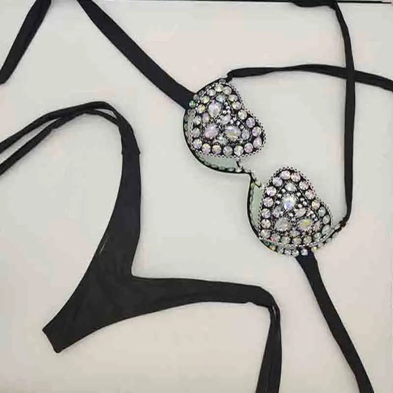 The Venus Vacation Deep-V Bikini – Luxe Rhinestone Embellished Showgirl Swim Set