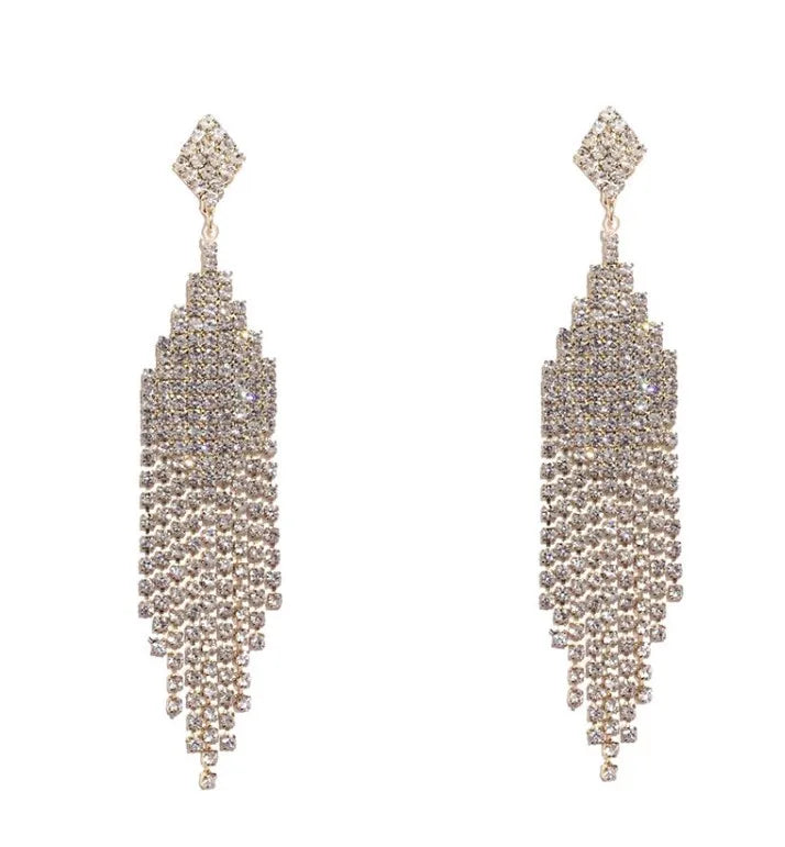 Vintage Crystal Tassel Drop Earrings – Elegant Geometric Multi-Strand Statement Earrings for Weddings, Galas & Evening Wear