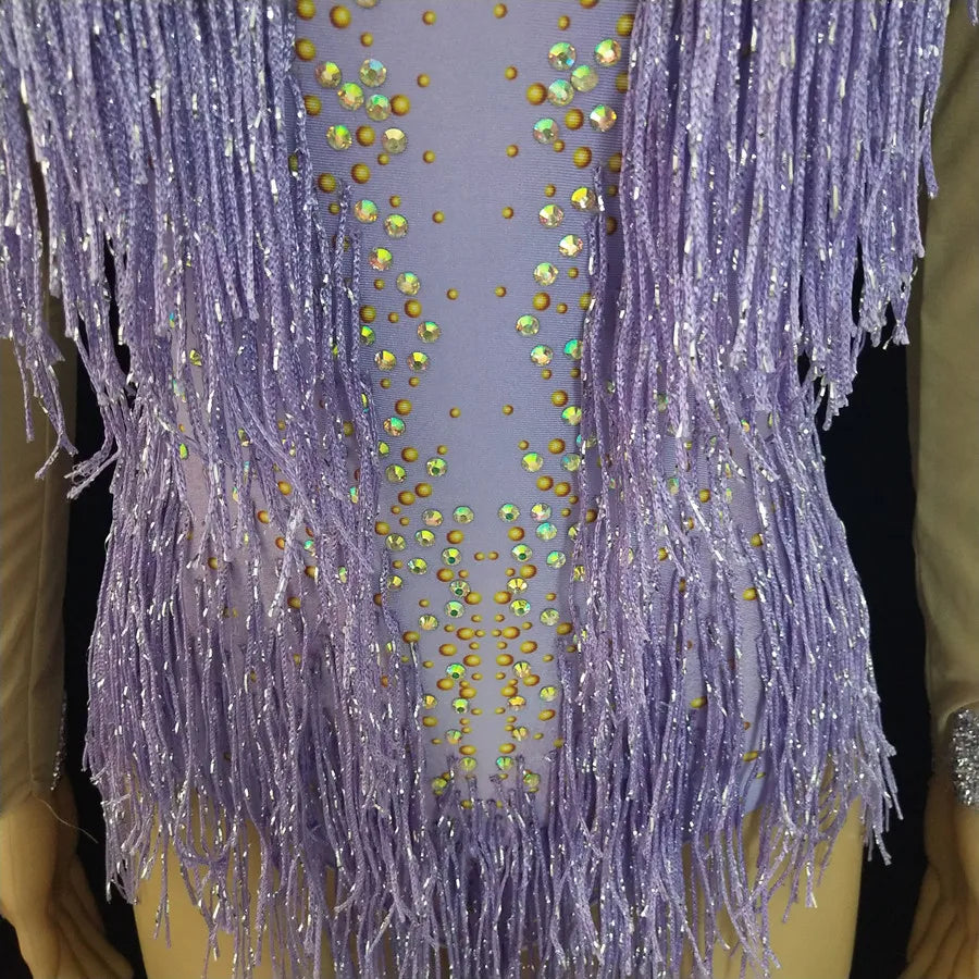Sparkly Crystal Purple Tassel Showgirl Bodysuit Set – Glamour Stage Fringe Performance Costume