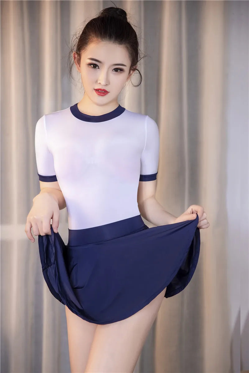 Shiny Sheer A-Line Pleated Micro Mini Skirt & Matching Bodysuit Set