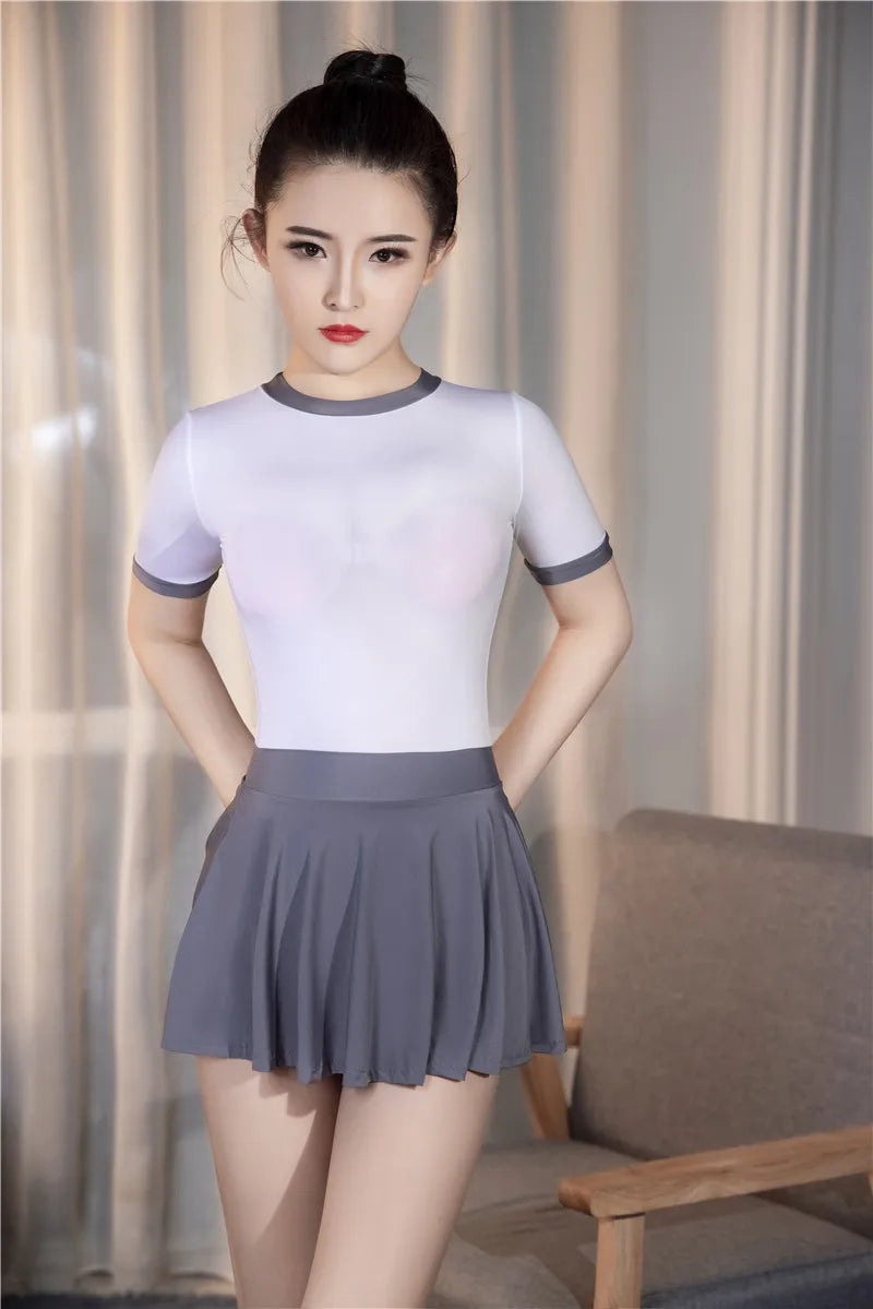 Shiny Sheer A-Line Pleated Micro Mini Skirt & Matching Bodysuit Set