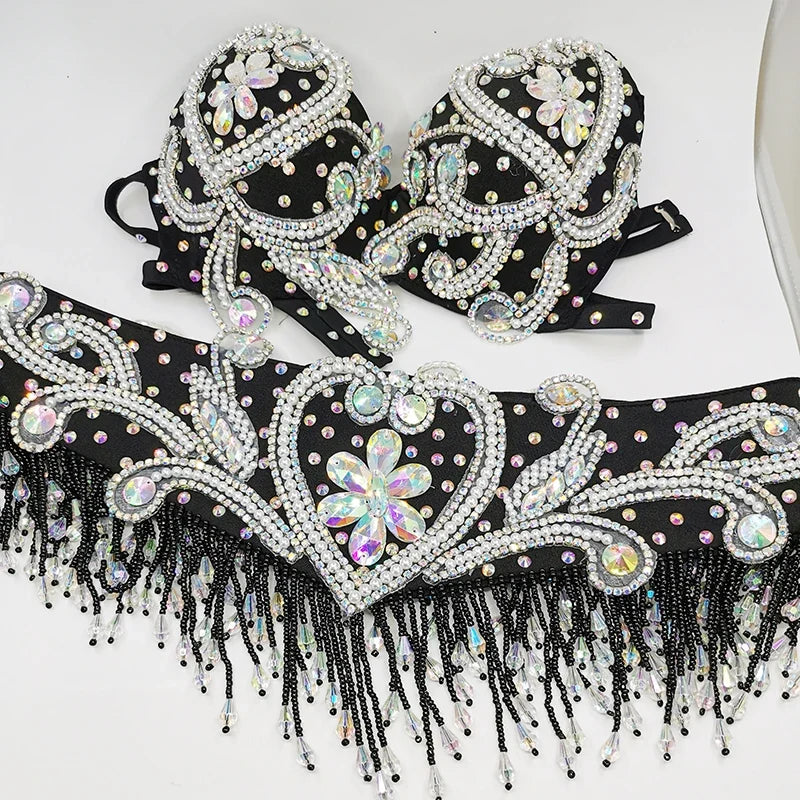 The Stardust Oasis Sirena – Deluxe Crystal & Beaded Belly Dance Bra & Belt 2-Piece Costume Set