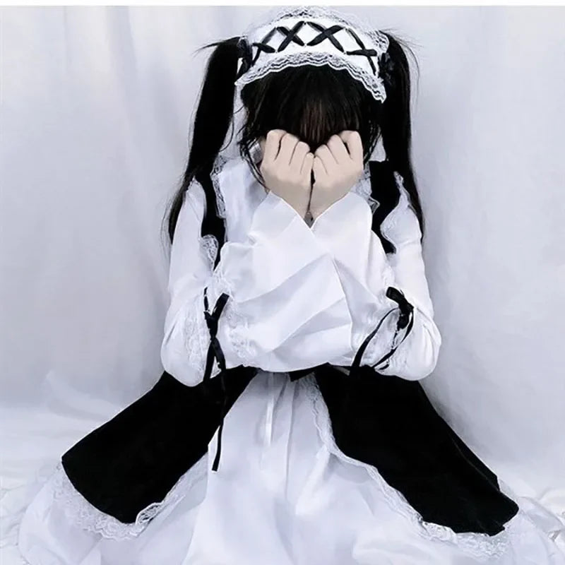 Women Maid Lolita Cosplay Costume – Black & White Apron Dress