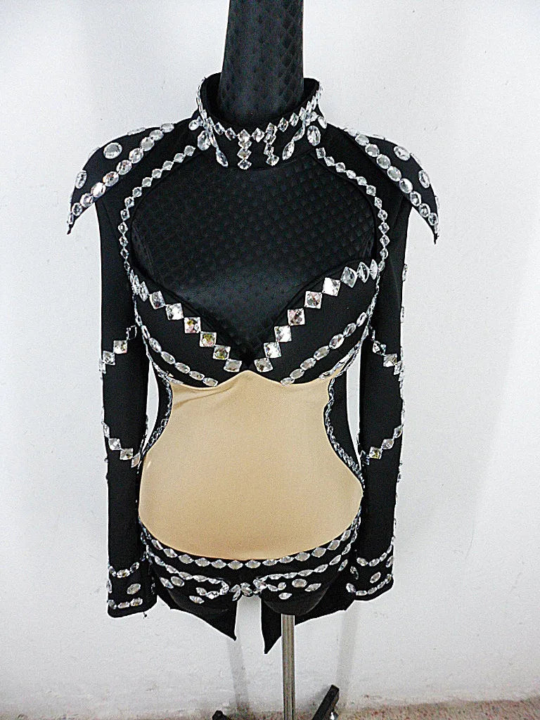 Rhinestone Swallowtail Showgirl Bodysuit – Tuxedo Tails Stage Performance Costume