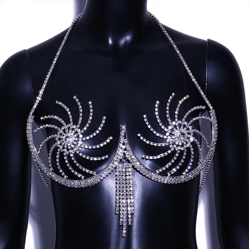 Luxury Crystal Swirl Micro Bikini Body Chain – Shimmering Rhinestone Tassel Bra & Exotic Chest Harness for Festivals, Raves & Clubwear