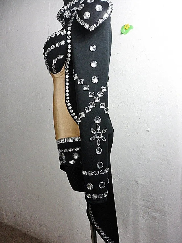Rhinestone Swallowtail Showgirl Bodysuit – Tuxedo Tails Stage Performance Costume