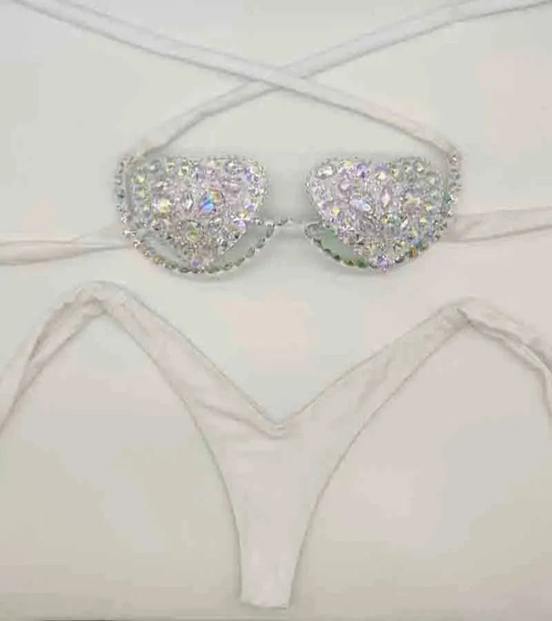 The Venus Vacation Deep-V Bikini – Luxe Rhinestone Embellished Showgirl Swim Set