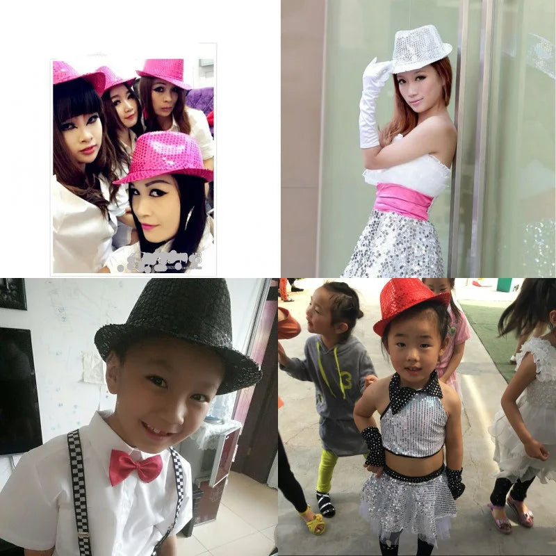 Adult  and Child Unisex Brilliant Glitter Sequins Hat Dance Fedora Hat Kid Dance Cap Solid Jazz Hat Party Glitter Costum 2size