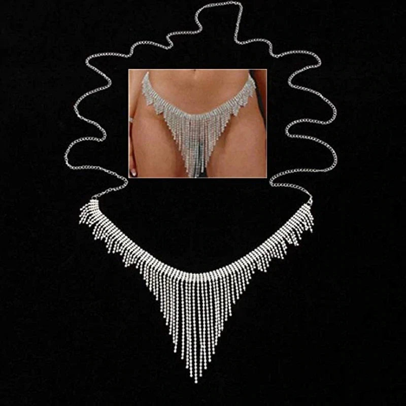 Geometric Rhinestone Tassel Thong Body Chain – Luxury Crystal Lingerie & Shimmering Waist Harness for Raves, Festivals & Beachwear