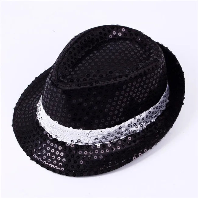 Adult  and Child Unisex Brilliant Glitter Sequins Hat Dance Fedora Hat Kid Dance Cap Solid Jazz Hat Party Glitter Costum 2size