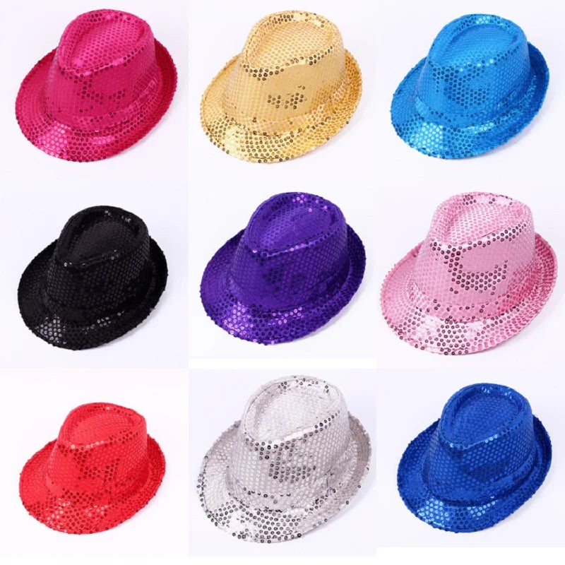 Adult  and Child Unisex Brilliant Glitter Sequins Hat Dance Fedora Hat Kid Dance Cap Solid Jazz Hat Party Glitter Costum 2size