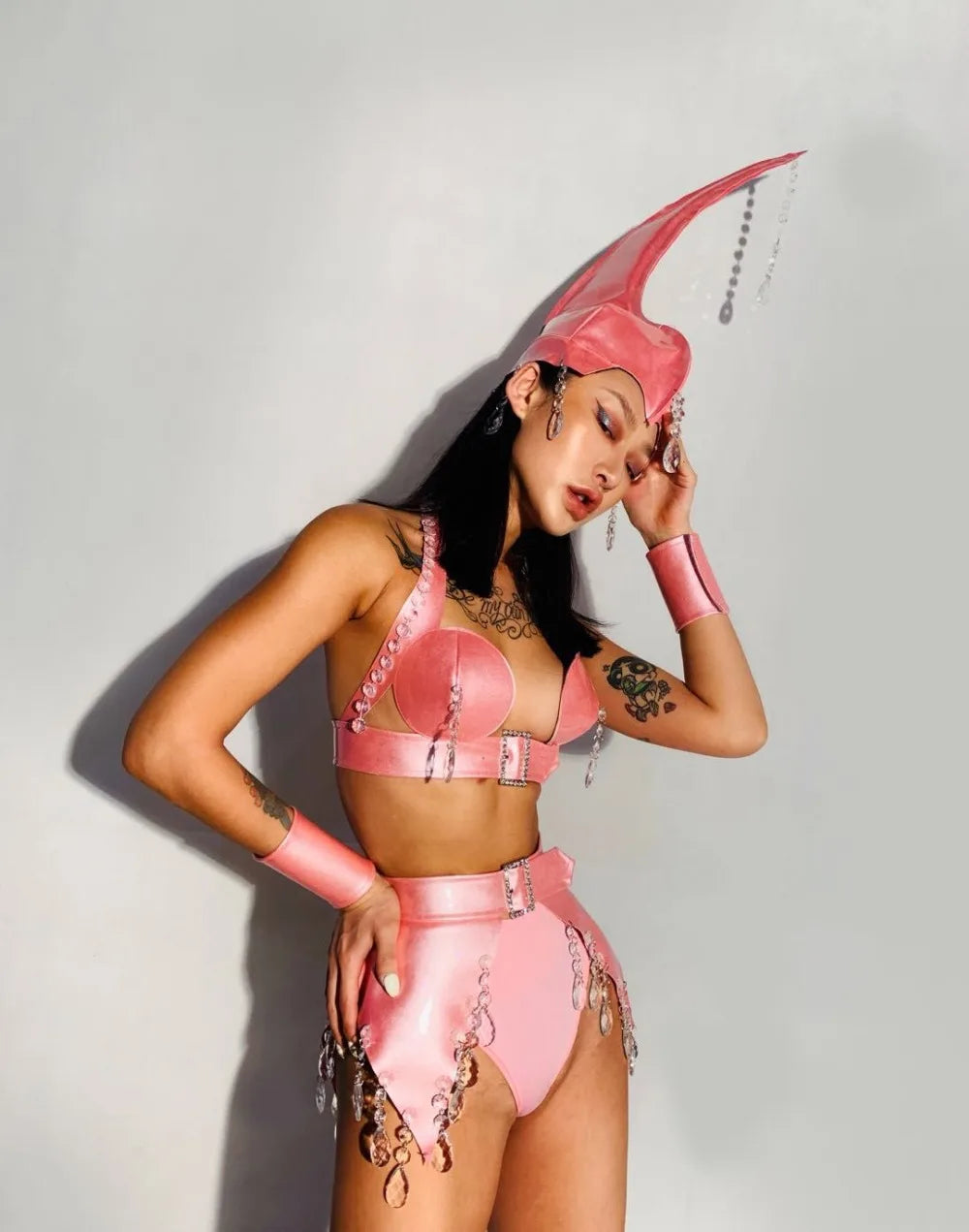 Crystal & PU Leather Roleplay Dance Costume Set