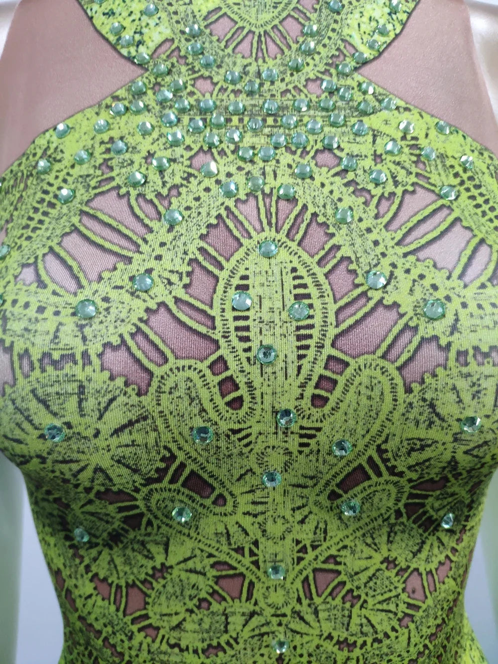 Sparkly Lime Green Rhinestone & Tassel Fringe Bodycon Dress Stage Performance Costume
