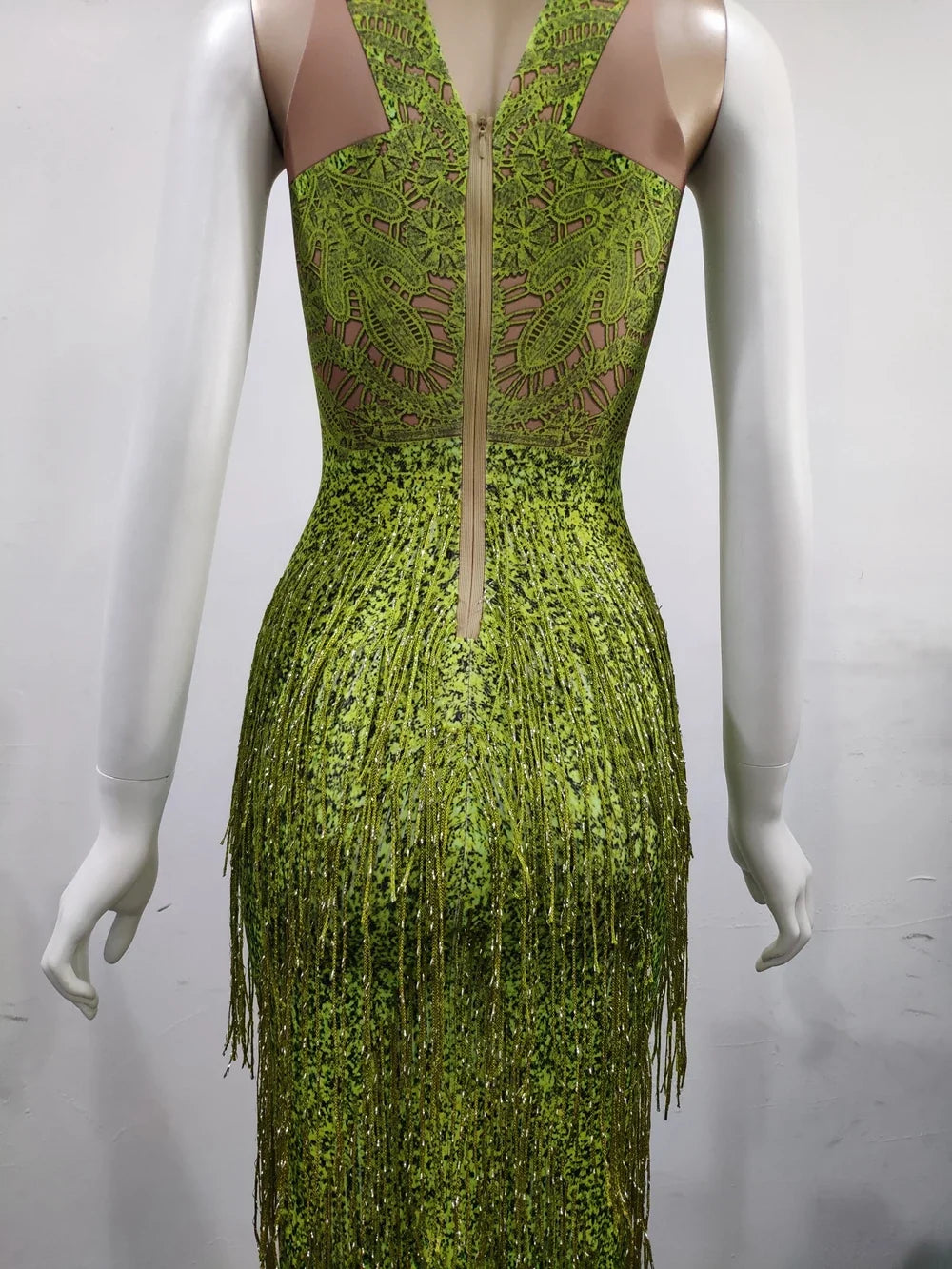 Sparkly Lime Green Rhinestone & Tassel Fringe Bodycon Dress Stage Performance Costume