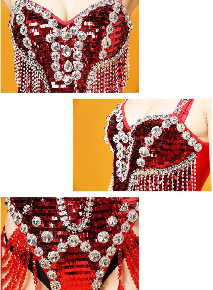 The Stardust Crimson Cabaret Bodysuit – Luxury Red Rhinestone & Chain Showgirl Costume