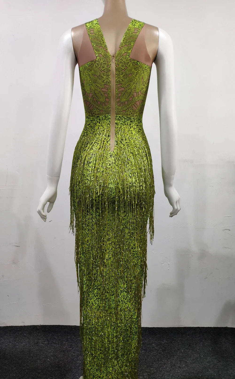 Sparkly Lime Green Rhinestone & Tassel Fringe Bodycon Dress Stage Performance Costume