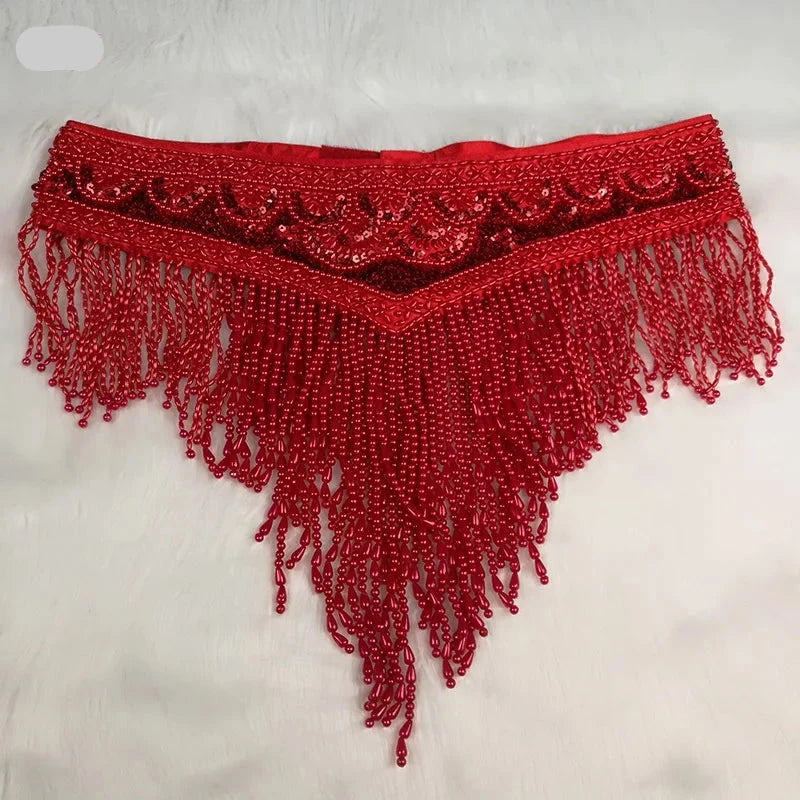 Sparkly Sequin Belly Dance Hip Scarf Wrap Belt with Beaded Tassel Waist Chain