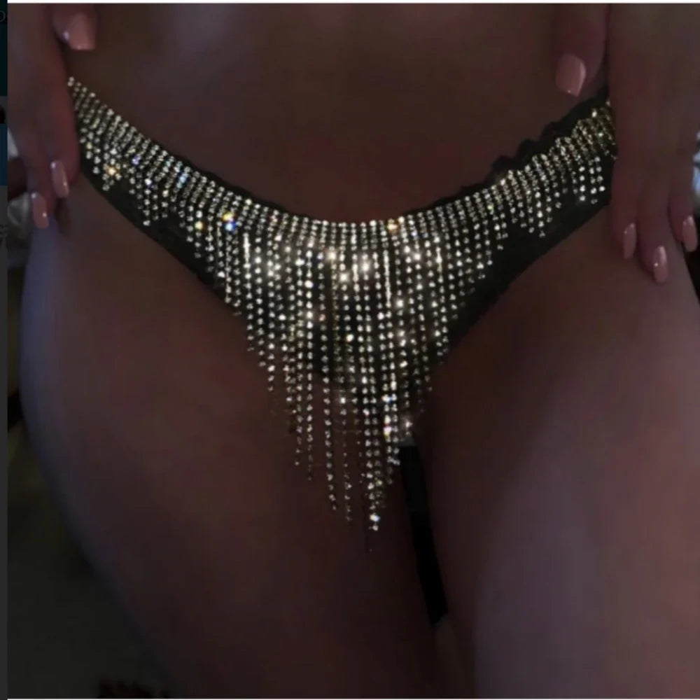 Geometric Rhinestone Tassel Thong Body Chain – Luxury Crystal Lingerie & Shimmering Waist Harness for Raves, Festivals & Beachwear