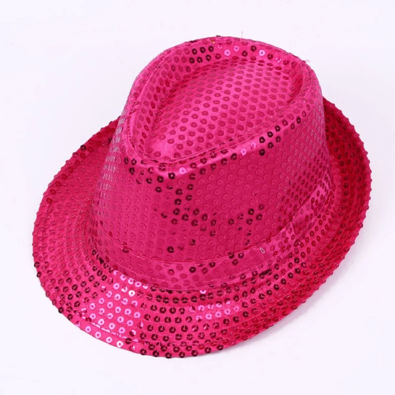Adult  and Child Unisex Brilliant Glitter Sequins Hat Dance Fedora Hat Kid Dance Cap Solid Jazz Hat Party Glitter Costum 2size