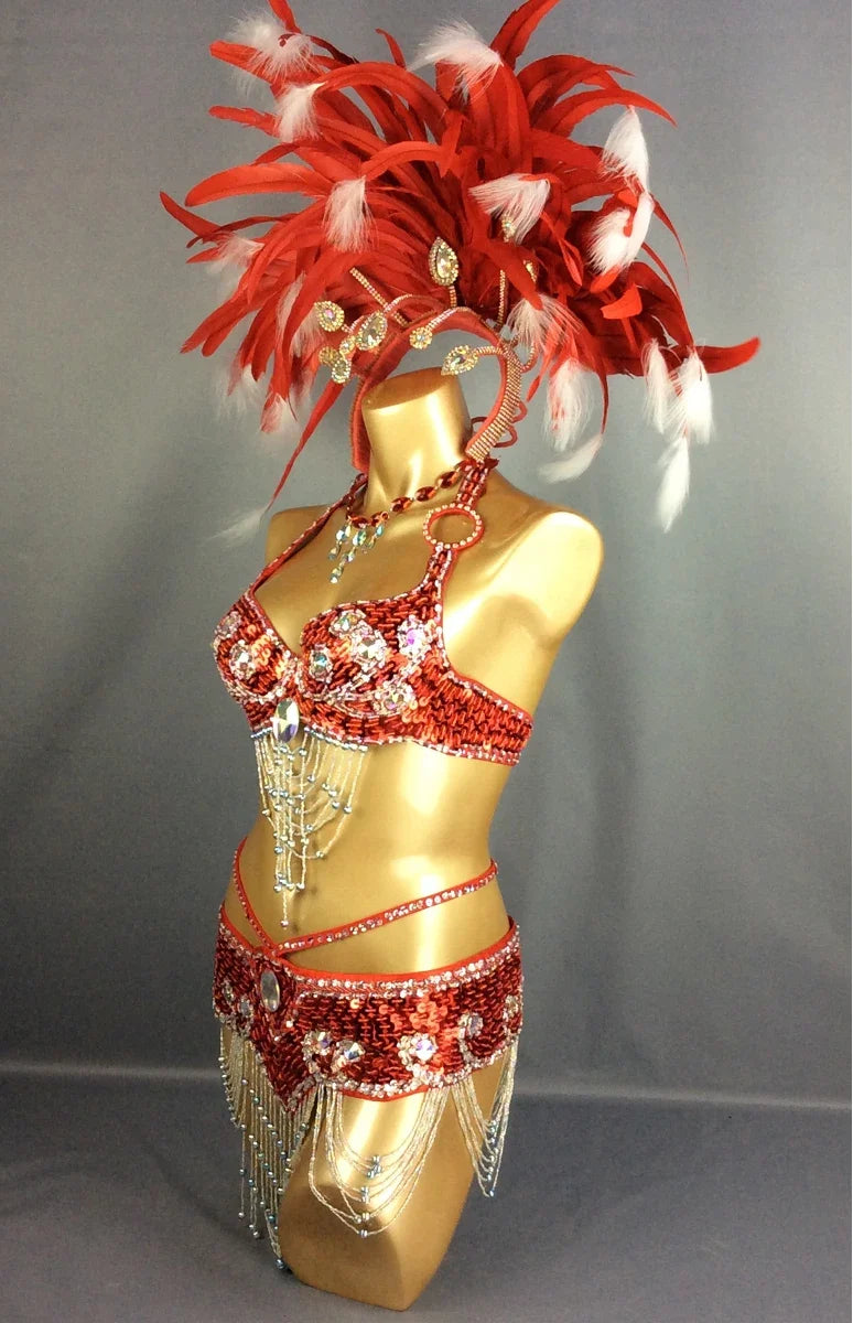 Samba Queen Rio Carnival Costume Set with Feather Headdress & Accessories