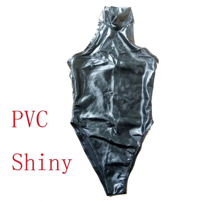 High Cut Halter Neck Shiny PVC & Matte Latex Stage Dance Bodysuit Costume