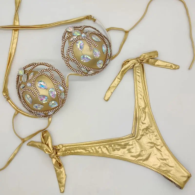 The Venus Vacation Hollow-Out Bikini – Diamond Lattice Showgirl Swim Set