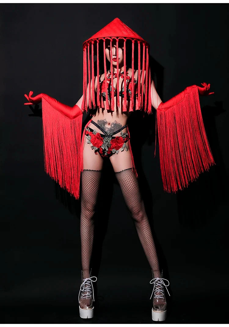 Red Rose Floral Fringe Bikini & Matching Fringe Gloves Stage Performance Costume Set