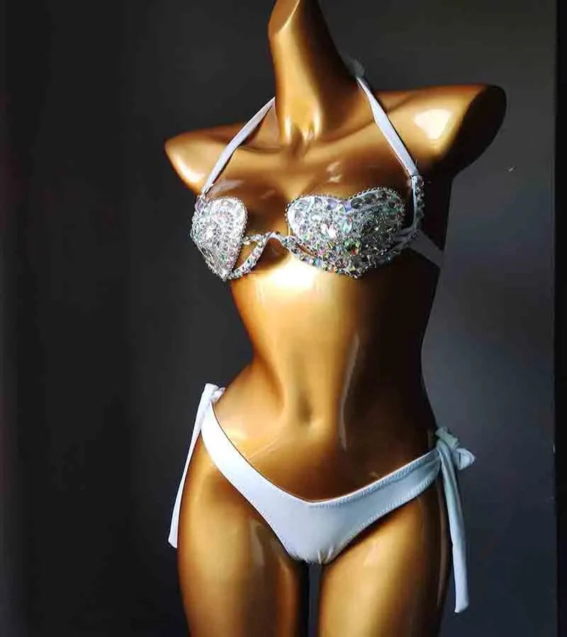 The Venus Vacation Deep-V Bikini – Luxe Rhinestone Embellished Showgirl Swim Set