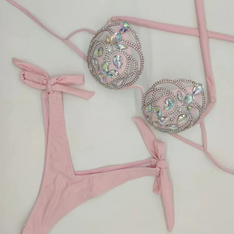 The Venus Vacation Hollow-Out Bikini – Diamond Lattice Showgirl Swim Set