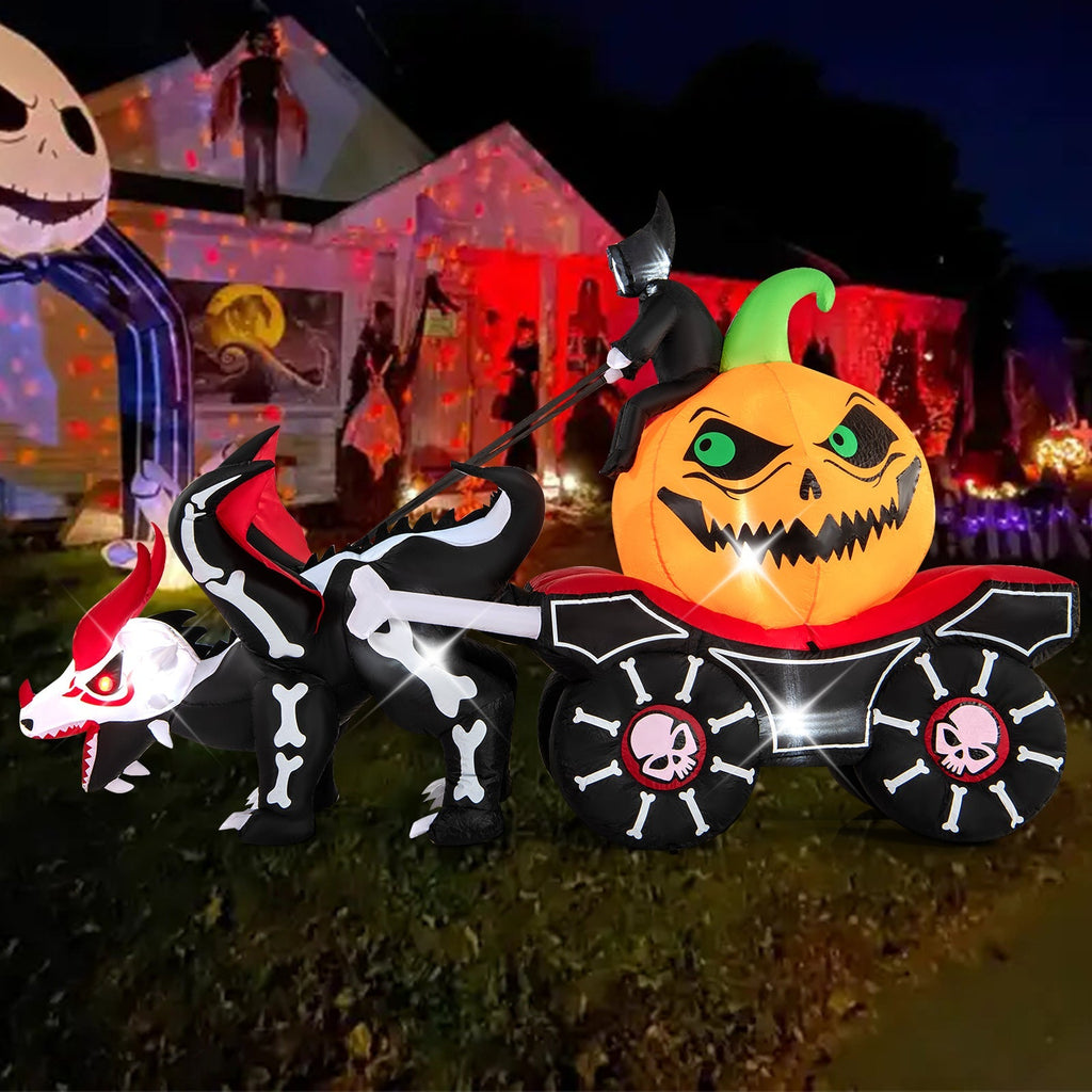 Halloween Inflatable LED Lighted Carriage with Pumpkin and Skeleton Dragon