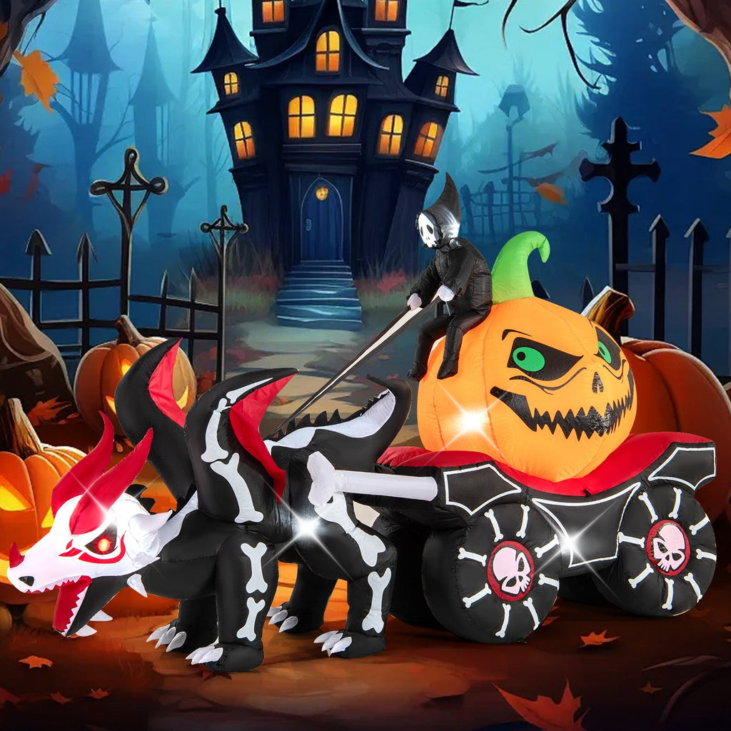 Halloween Inflatable LED Lighted Carriage with Pumpkin and Skeleton Dragon