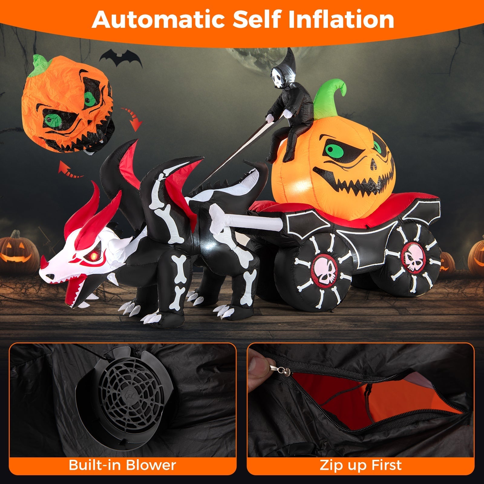 Halloween Inflatable LED Lighted Carriage with Pumpkin and Skeleton Dragon