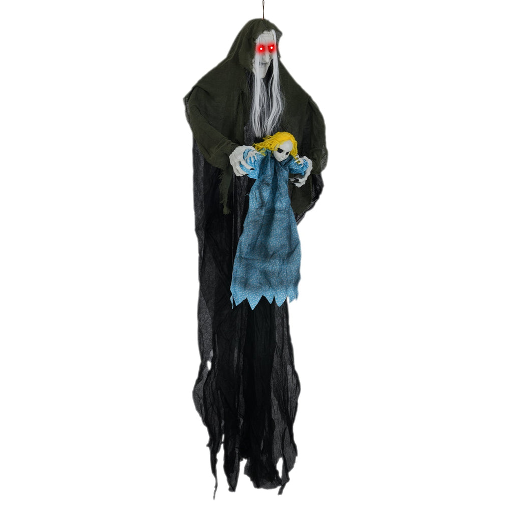 Hanging Halloween Decoration Sound-Activated Witch Holding Ghost Girl with Spooky Sounds