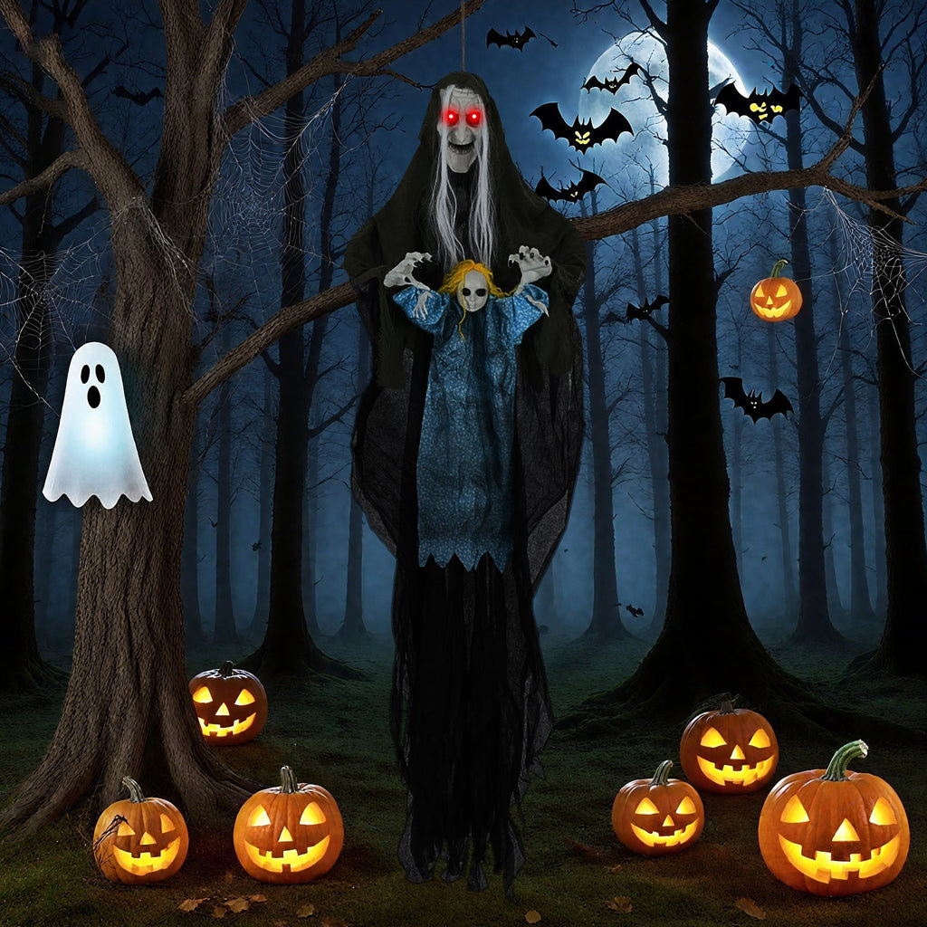 Hanging Halloween Decoration Sound-Activated Witch Holding Ghost Girl with Spooky Sounds