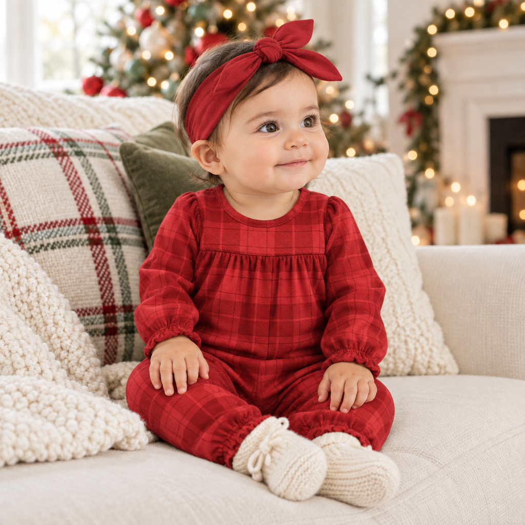 Red Plaid Baby Girl Romper With Ruffles & Puff Sleeves