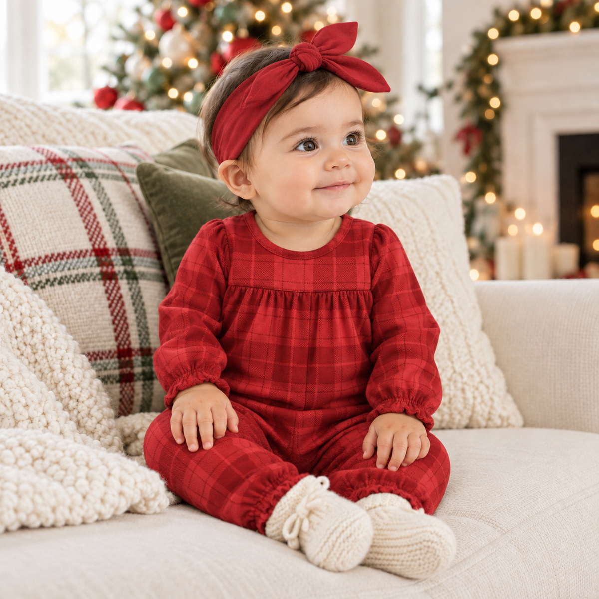 Red Plaid Baby Girl Romper With Ruffles & Puff Sleeves