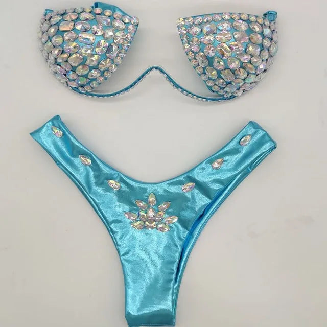 Luxury Rhinestone Performance Bikini Set – Shimmering Crystal Push-Up Stage Costume & Bling Two-Piece for GoGo Dancers, Festivals & Raves