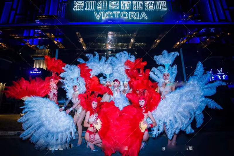 Ostrich Feather Headdress & Pearl Suit Stage Costume Set