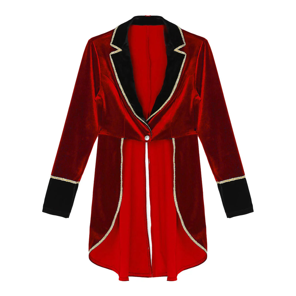 Velvet Circus Ringmaster Gold-Trimmed Swallow-Tail Blazer Coat