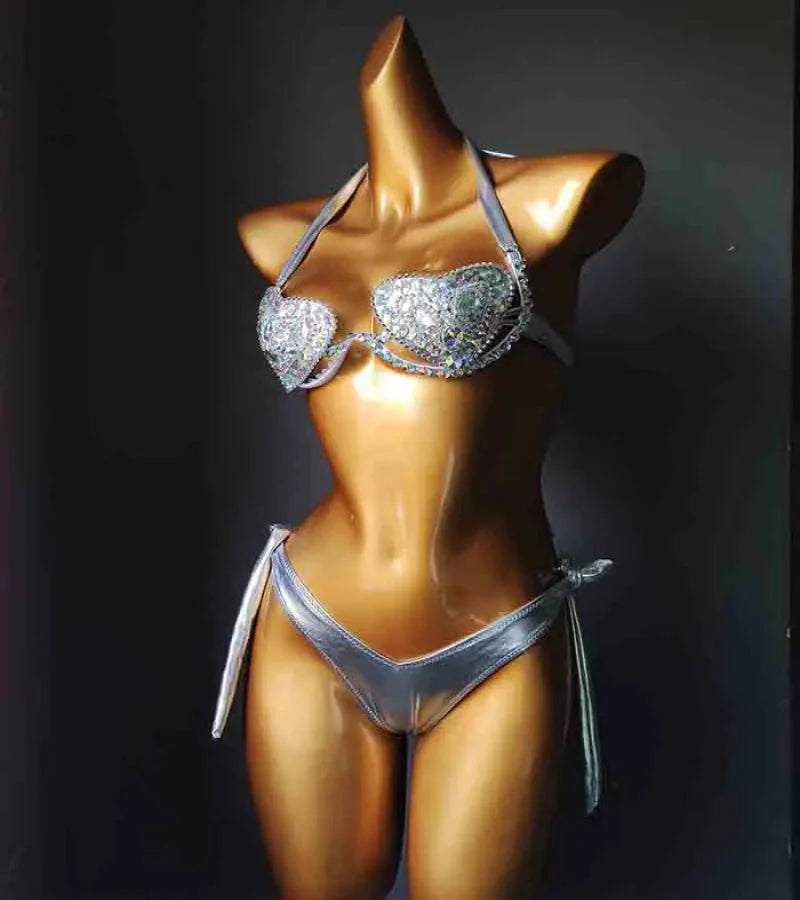 The Venus Vacation Deep-V Bikini – Luxe Rhinestone Embellished Showgirl Swim Set